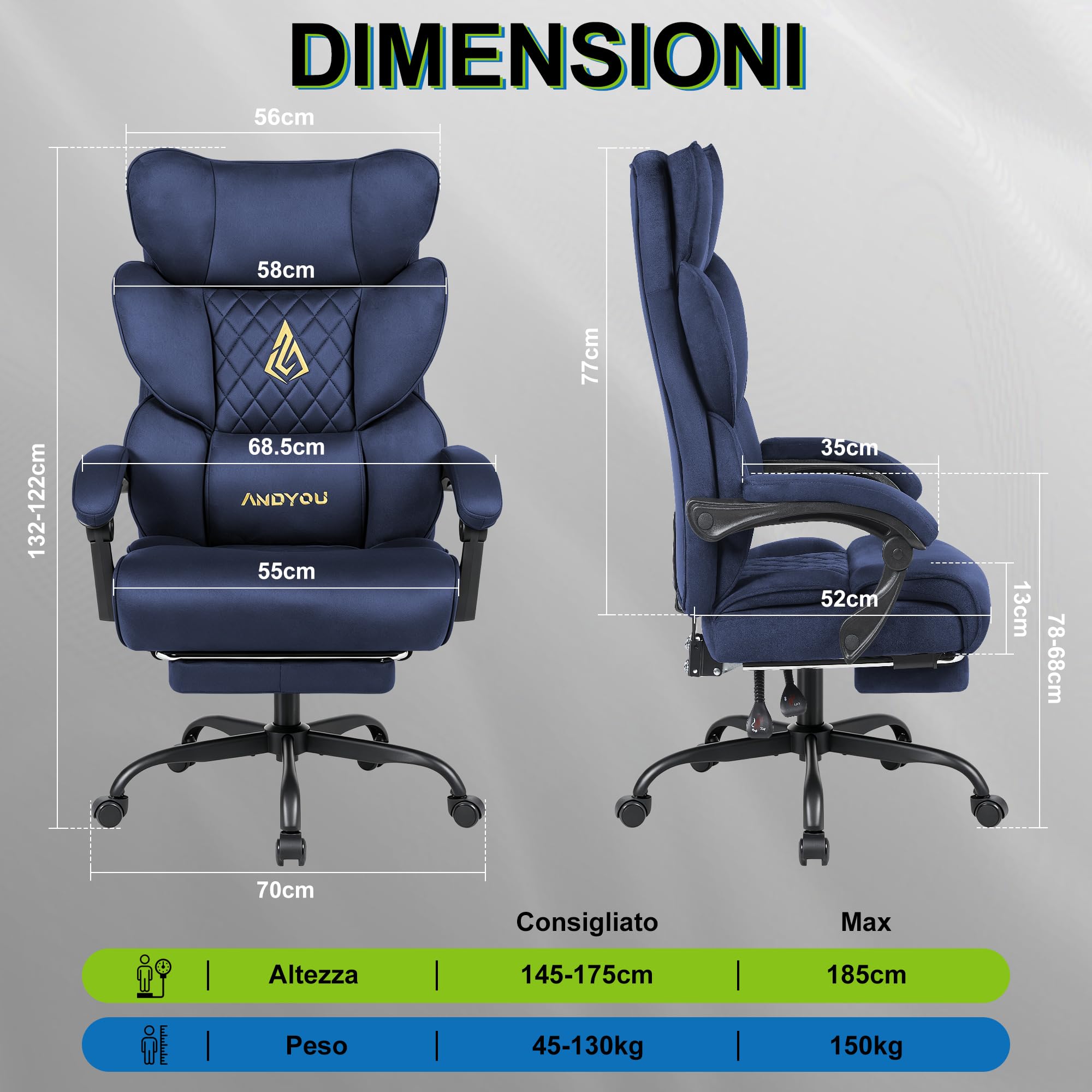 Andyou Sedia Gaming Ergonomica con Poggiapiedi – Ufficio Scrivania, Schienale Regolabile 90-155° senza scatti, Braccioli Collegati, Seduta Morbida a Molle, fino a 150 kg,Blu Scuro