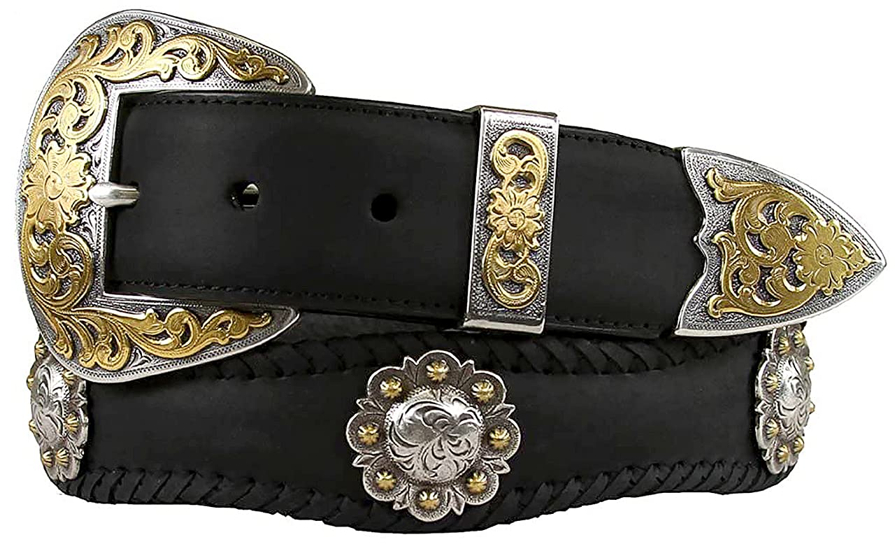 Cowboy Cowgirl Western Star Berry Texas Eagle Star Coin Conchos Crazy Horse Scalloped Genuine Leather Belt 1-1/2"(38mm) Wide