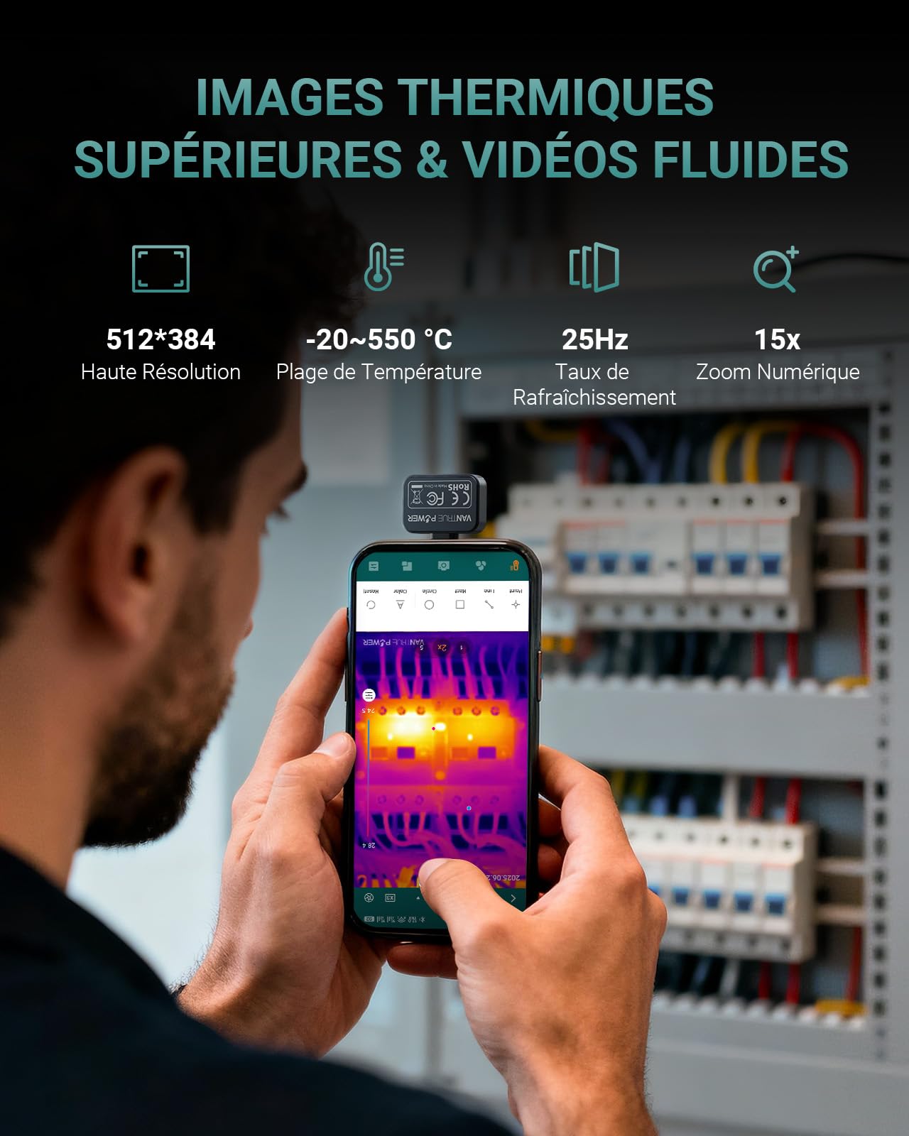 TS1 Caméra Thermique pour Android, Caméra Infrarouge avec Super Résolution 512×384, 25HZ Taux de Rafraîchissement, -20°C à 550°C, Zoom 15x, USB-C, Noir