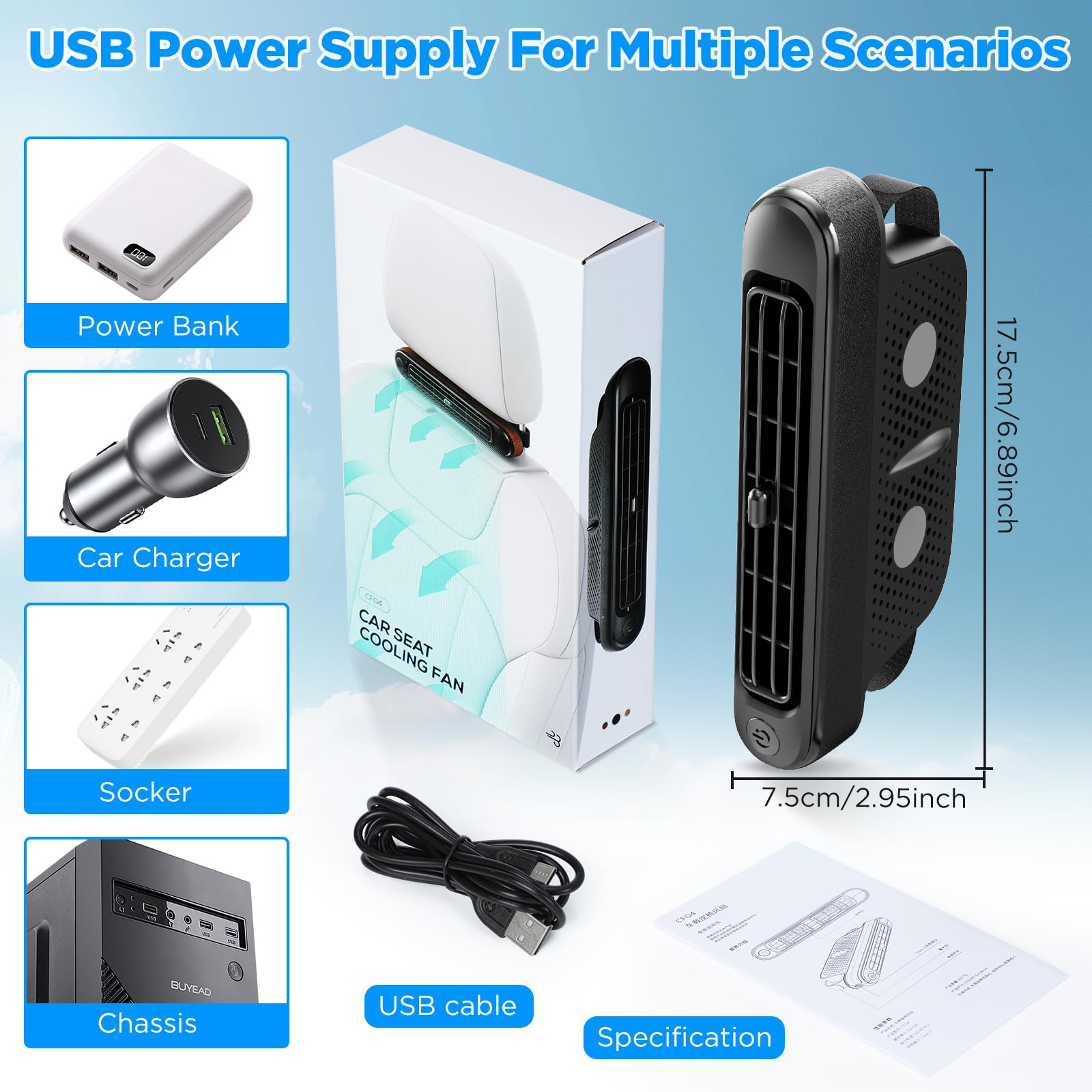 Ventilatore Auto Ventilatore USB per Auto Ventilatore di Raffreddamento Del Sedile Auto Veicoli Ventola di Raffreddamento Elettrica con 3 Velocità Per SUV Camper Camion Seggio d'ufficio