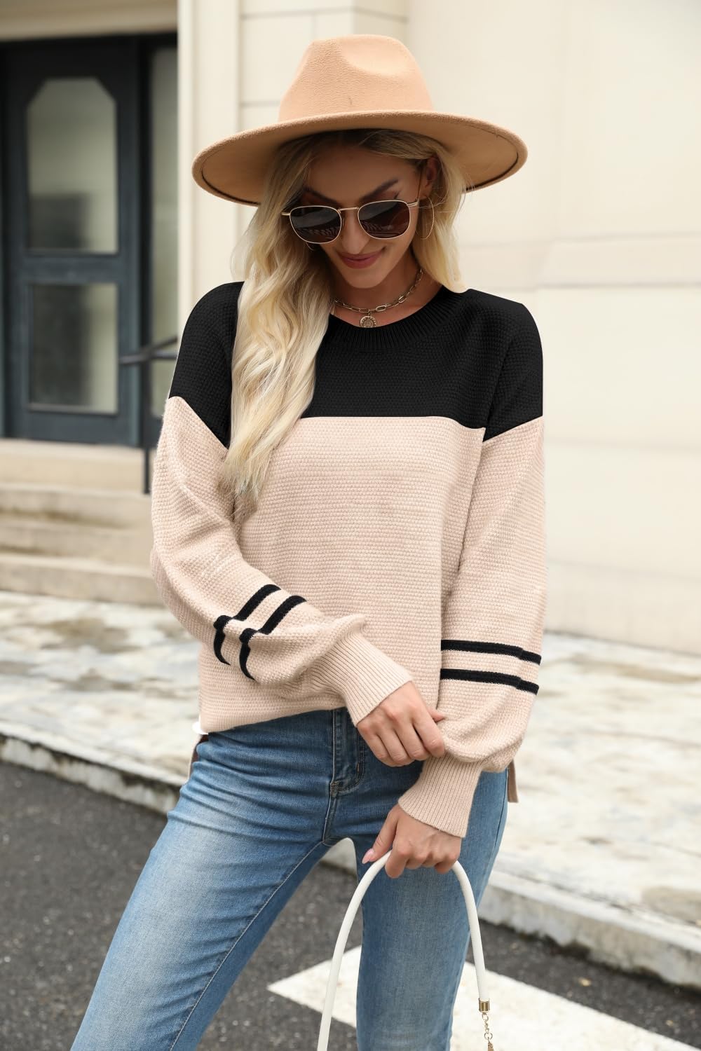 Womens Sweater Striped Fall Fashion Tops Long Sleeve Crew Neck Pull Over Knit Clothes - Image 3