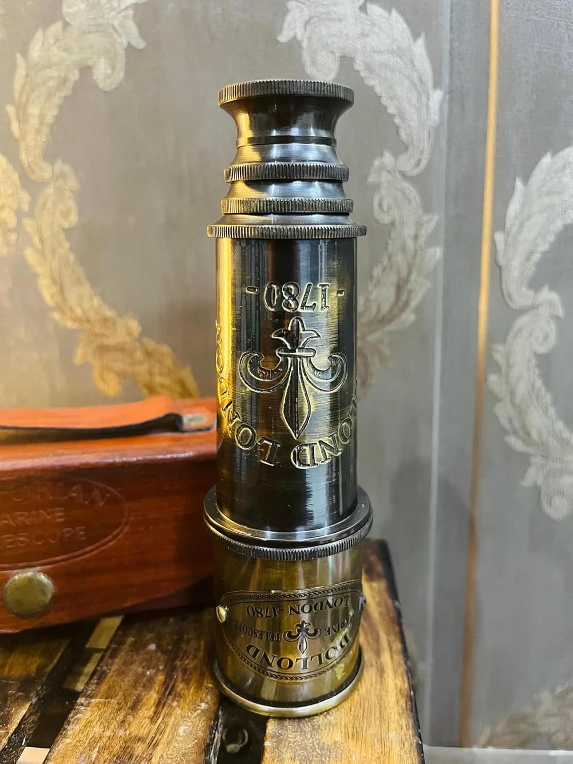 Vintage Brass Telescope, Antique Finish Spyglass with Leather Box, 16.5 Inch Length