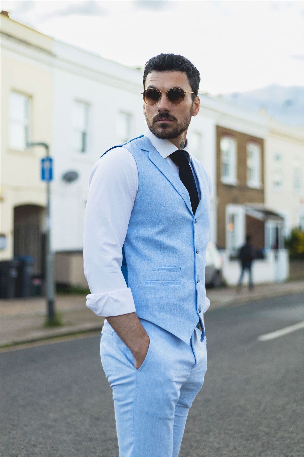 Abito estivo da uomo, in lino, elegante, formale, blu, matrimonio