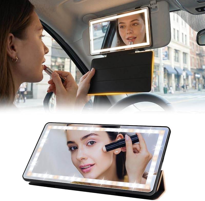 Espelho de Maquiagem com LED para Para-Sol Automotivo Canvcle com Capa Protetora – 1 unidade