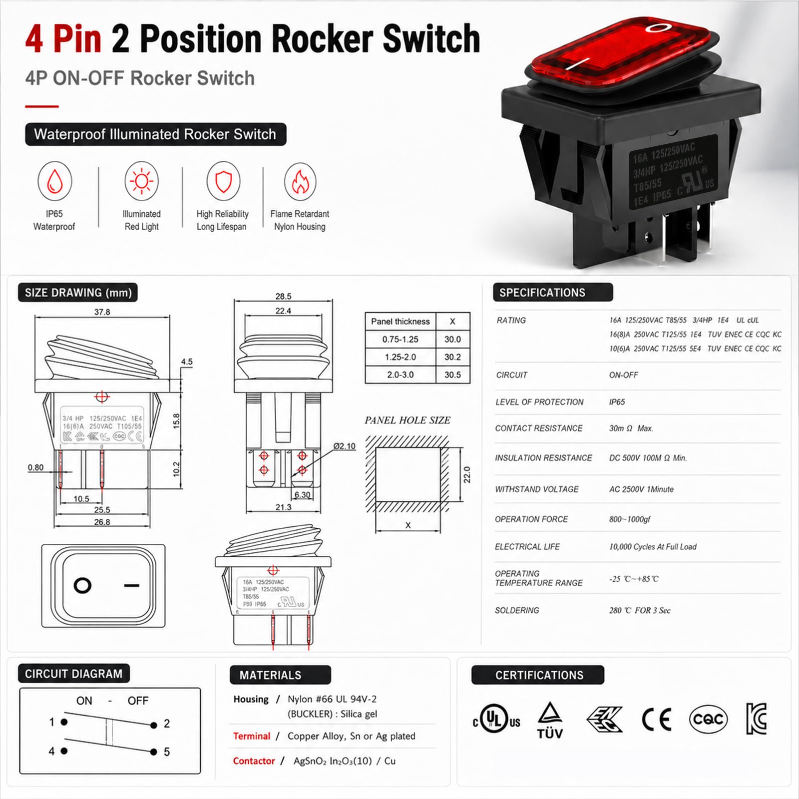 2szt AC 16 A/250 V 20 A/125 V 2 Pozycja Wł./Wył. Łódź Rocker Wodoodporna Przełącznik z Czerwony/Zielony Wskaźnik Światła