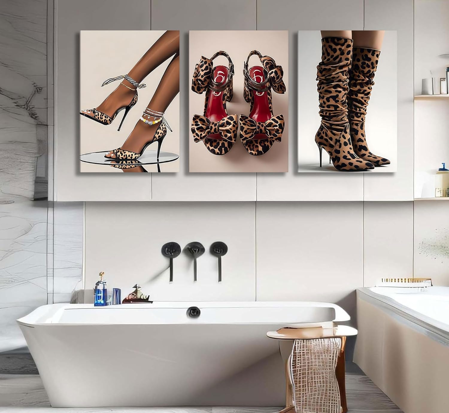 3pcs Fashion Leopard High Heels Canvas Wall Art Funky Boots Pictures Wall Decor Trend Women Hot Girl Posters Prints Paintings for Women Living Room Bedroom Bathroom Decoration Prepare To Hang