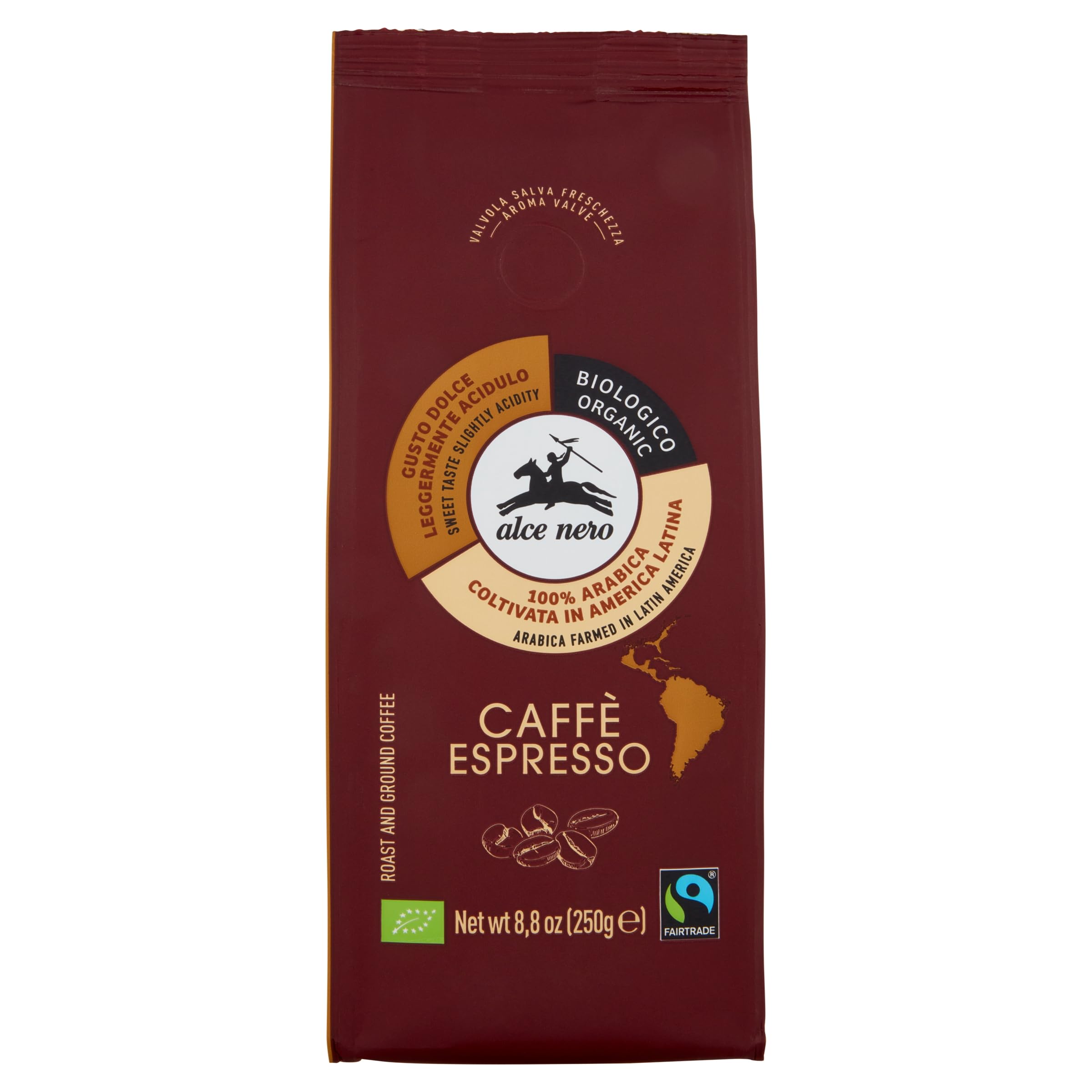 ALCE NERO Organic 100% Arabica Roast And Ground Coffee 250g Biological Organic Espresso 100% Arabica Latin America Organic