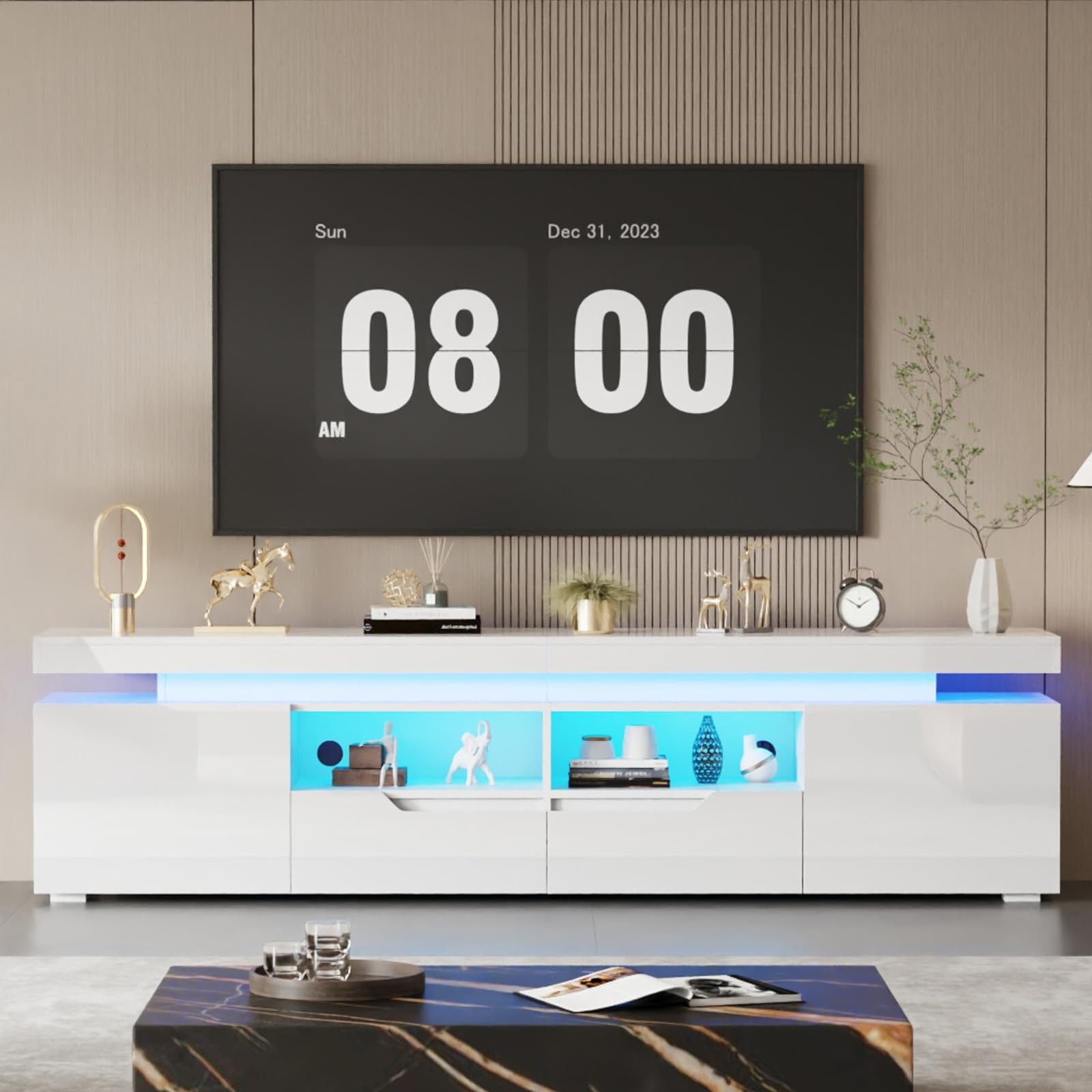 TRIOBLADE 200cm TV Stand Cabinet with Storage White High Gloss TV Unit Cabinet with LED Lights Modern Entertainment Unit for Living Room Bedroom for up to 75" TVs (White tv stand with top)