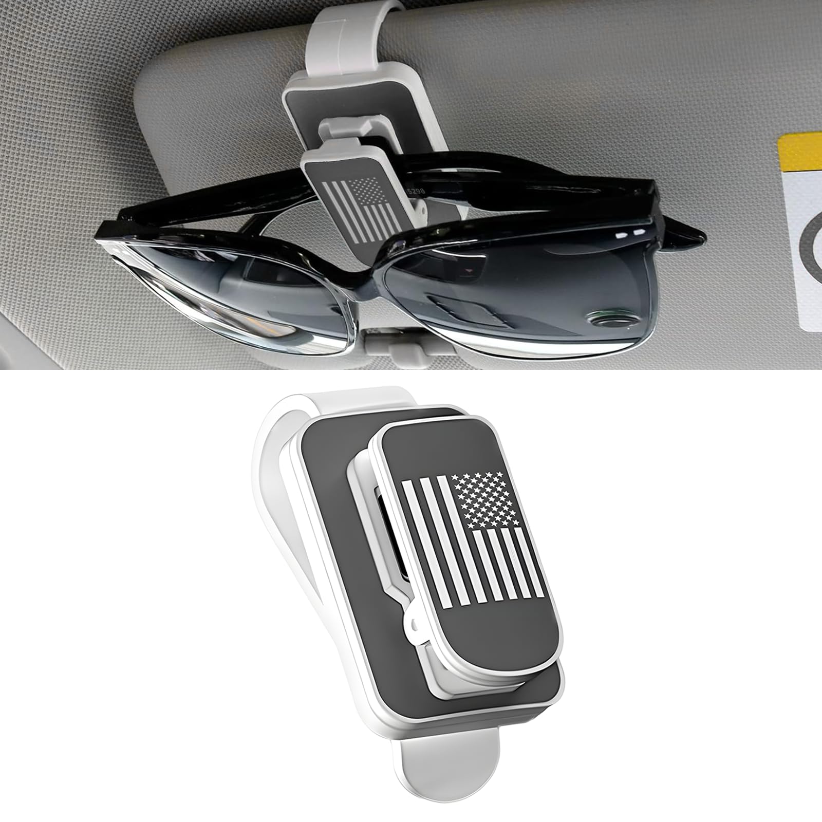 ongfuwu Sunglasses Holder for Car Sun Visor, Metal US Flag Auto Visor Eyeglasses Hanger Mount, Multi-Function Vehicle Ticket Card Clip Organizer for Different Size Eyeglasses (White+Grey)