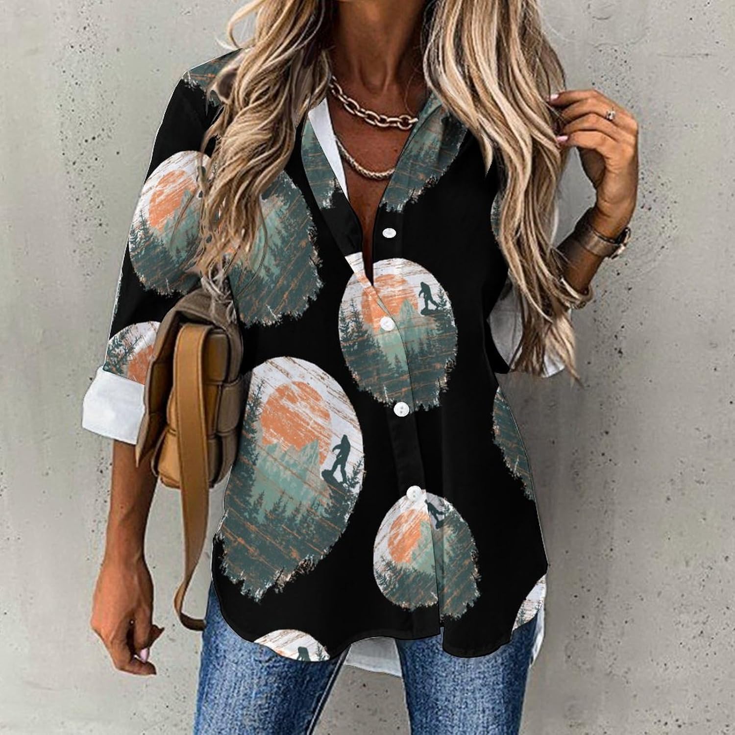 Vintage Bigfoot Sunset Mountains Womens Button Down Shirts Blouses Tops image 2