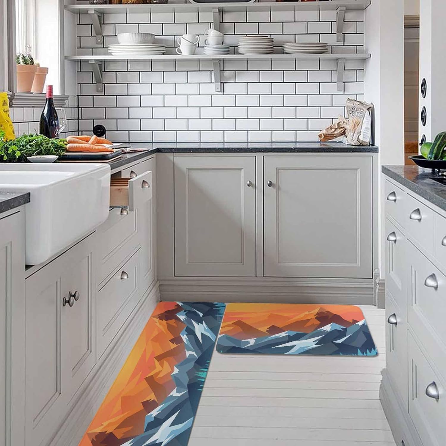 Orange Mountain Kitchen Rugs and Mats Set of 2, Non-Slip Kitchen Sink Mat, Farmhouse Blue Forest Trees Nature View Washable Doormat Bathroom Rugs Runner for Bedroom/Living Room 15.7"x23.6"+15.7"x47.2"