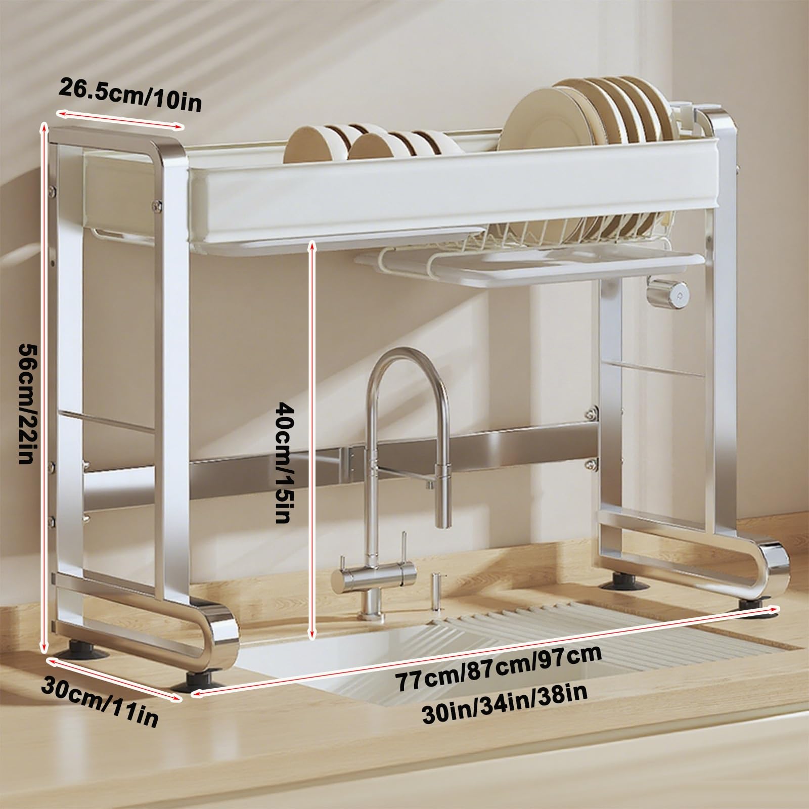 Escurridor De Platos De Doble Nivel Ajustable Para Fregadero De Cocina, Fabricado En Acero Inoxidable 304, Ideal Para Almacenamiento En La Cocina, Estructura Simple De Una Sola Capa - 87 Cm/34 Pulgad
