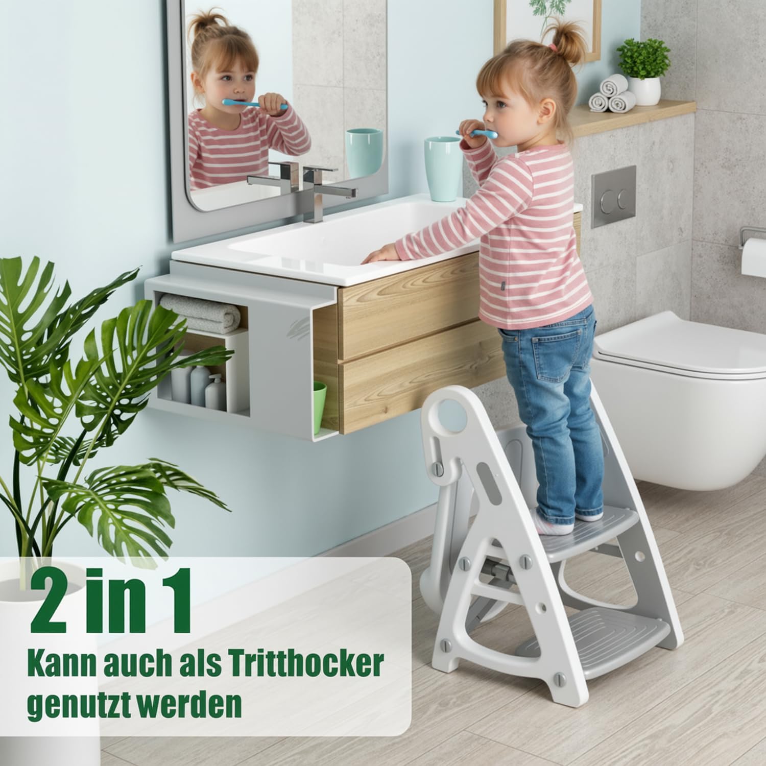 Siège de toilette pour bébé 2 en 1, avec escalier, structure triangulaire stable, marchepied pliable, avec pédale et hauteur d'assise réglables, grande pédale et poignées, doublure en polyuréthane,