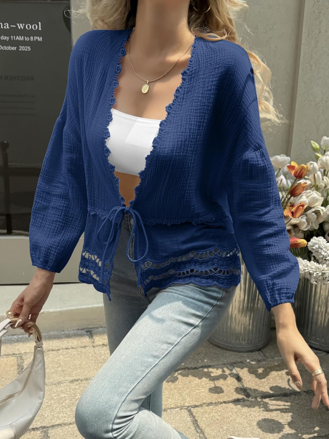 Tankaneo Womens Deep V Neck Tie Front Blouse Cotton Long Puff Sleeve Eyelet Tops Cute Lace Trim Flowy Ruffle Shirts - Image 2