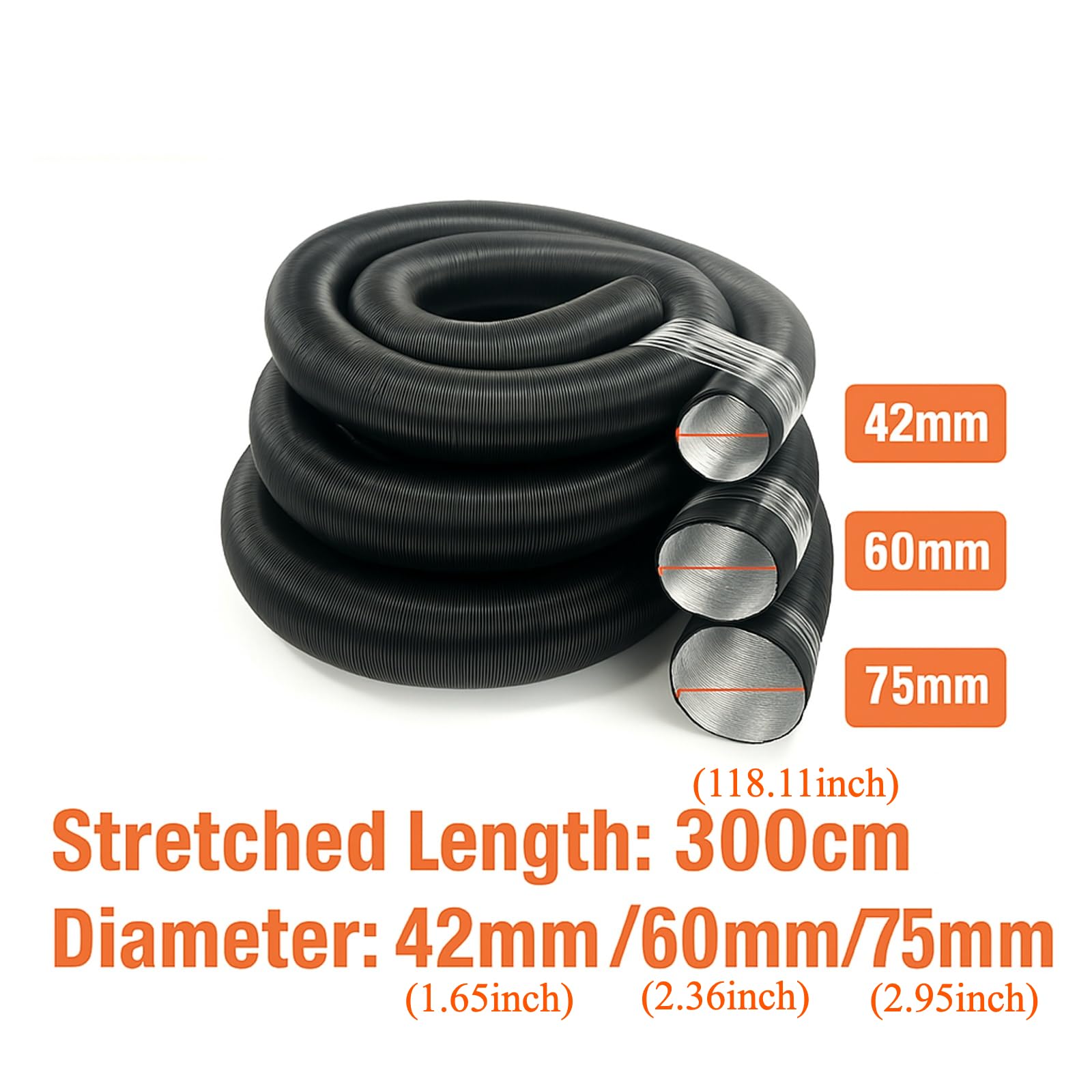 Tubo flexible de aluminio para calentador de coche, 300 cm de largo, 75 mm