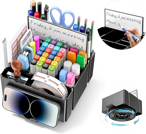 KDD Portalápices para escritorio, organizador giratorio con pizarra blanca de borrado en seco y soporte para teléfono, caja de almacenamiento de
