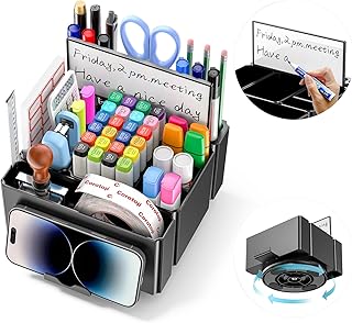 KDD Organizador de Secretária - Porta-lápis de Secretária com Quadro de Borrado em Seco e Suporte para Telefone, Organizador de Escritório Giratório com 6 Compartimentos e 12 Ranhuras para Canetas