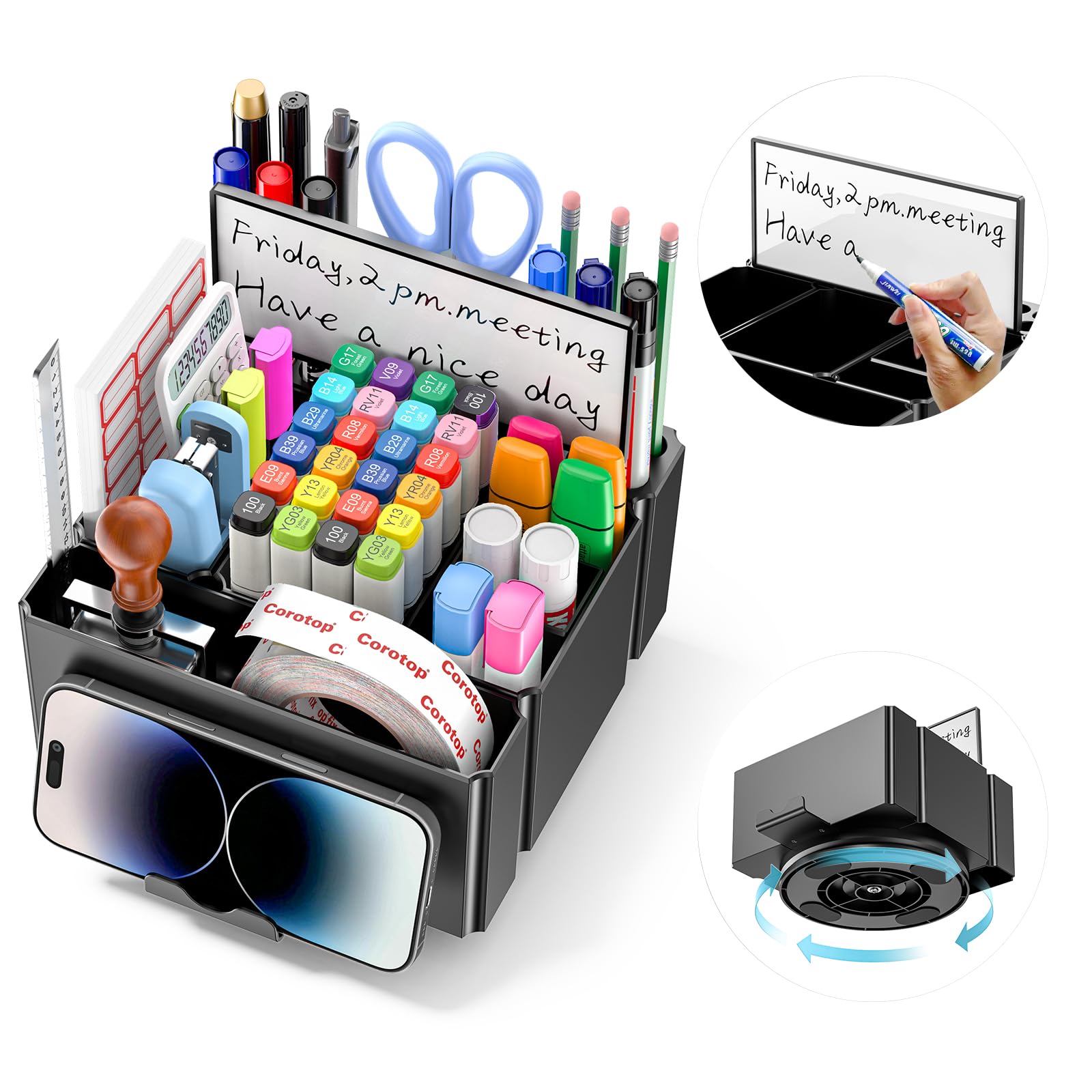 KDD Organizador de Escritorio - Portalapices Escritorio con Pizarra de Borrado en Seco y Soporte para Teléfono, Organizador Oficina Giratorio con 6 Compartimentos y 12 Ranuras para Bolígrafos