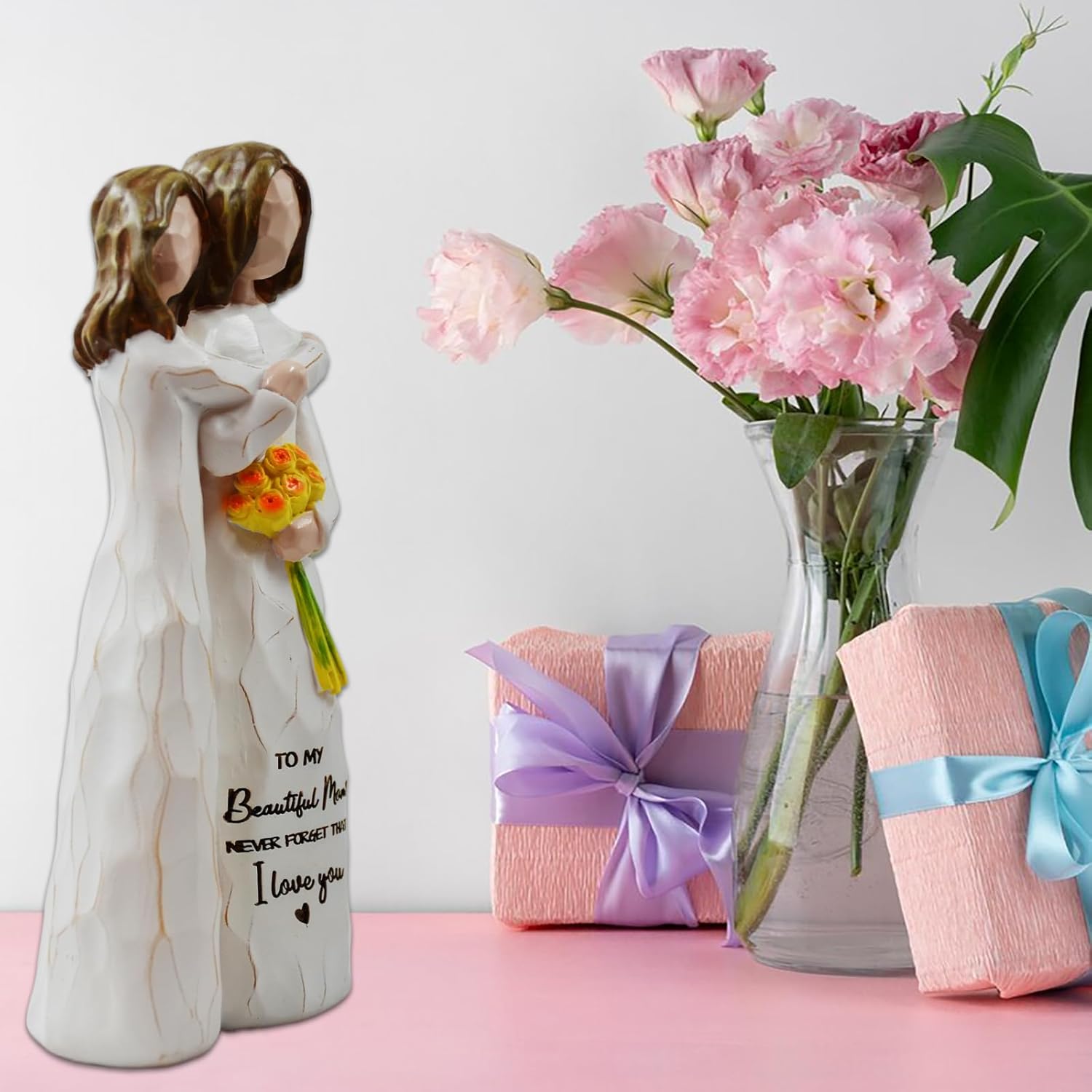 Mom Birthday Gift from Daughter for Mom Hand-Painted Hug Sculpted Decorative Figurine with Flowers Home Decor Gift (Mom and Daughter) - Image 4