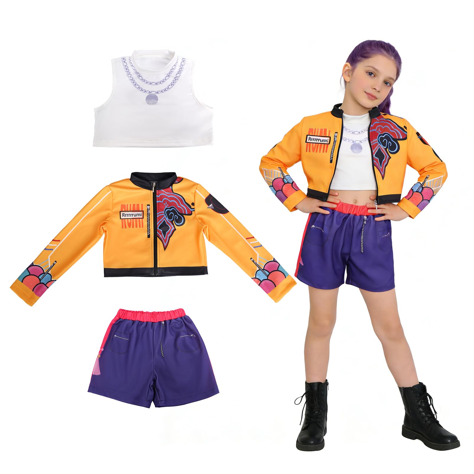 Oirigaga Korean Pop Idol Kostüm Kinder Mädchen, Huntrix Cosplay Set mit Jacke Tanktop Shorts, Anime Hunter-Stil Verkleidung für Karneval Fasching und Kinderrollenspiele Geburtstagsparty, 8-9 Jahre