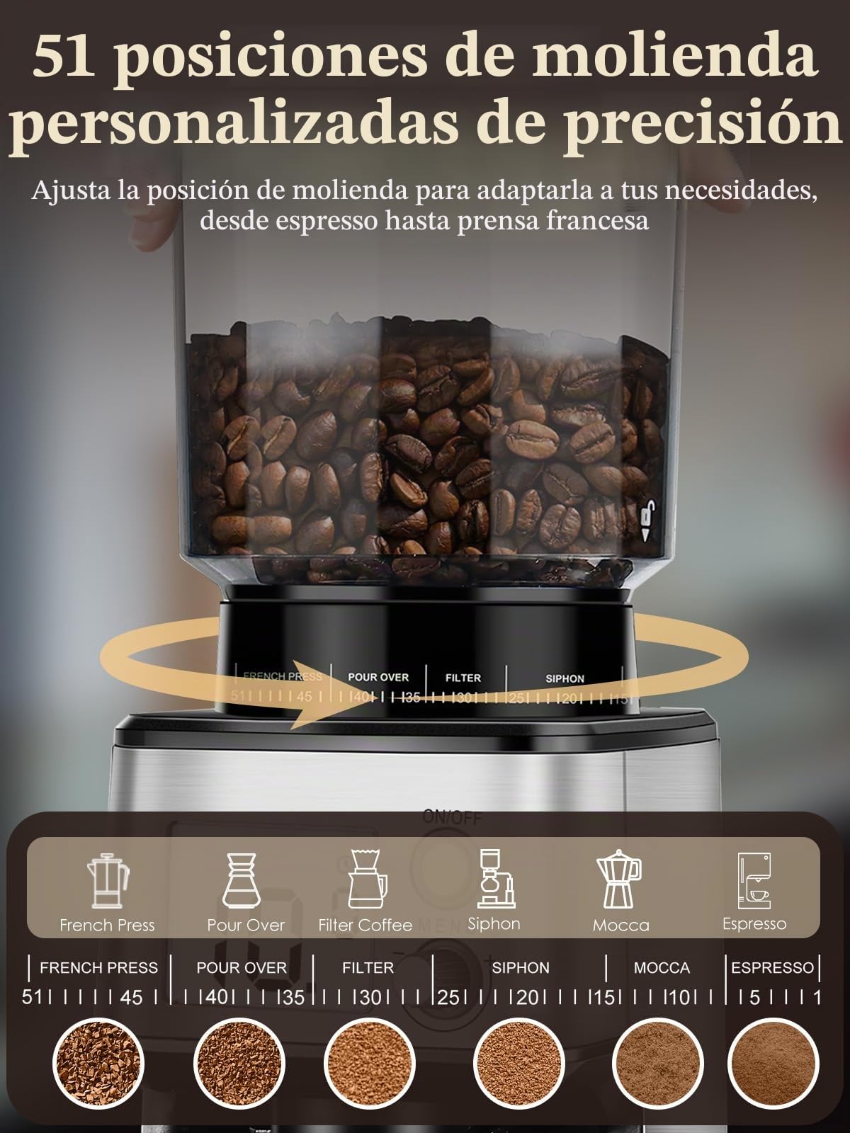 Homtone Molinillo de Café Eléctrico con Muela Cónica - Molino de Café con 51 Niveles de Molienda, Soporte Extraíble, Recipiente Incluido – Para Espresso, Café de Filtro, Cold Brew (Acciaio Inox)