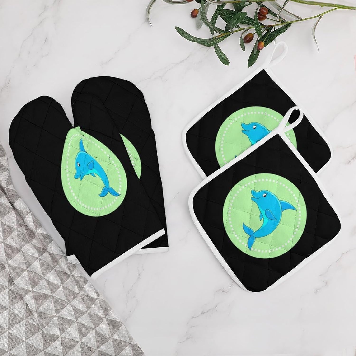 Dolphin Oven Mitts and Pot Holders 4Pcs Set Heat Resistant Cooking Mitts Hot Pads