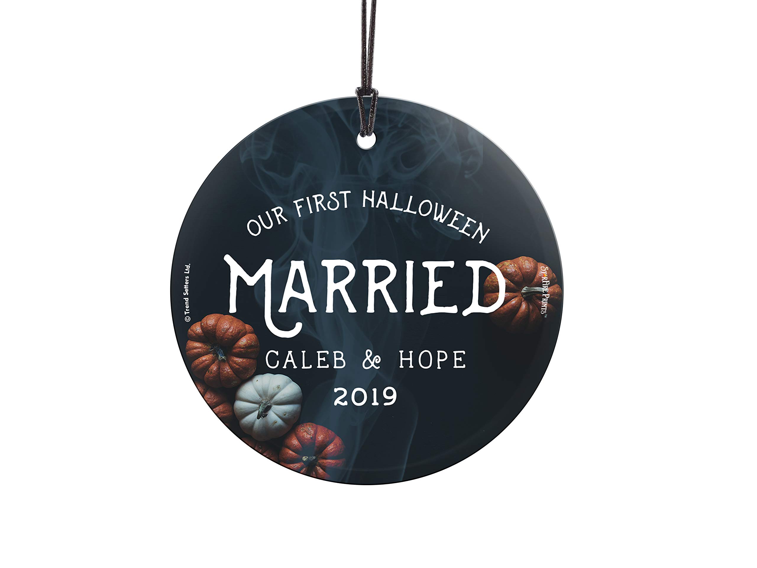 Trend Setters First Halloween Married – Rustic Pumpkins – Personalize with Names and Date - 3.5” Starfire Prints Hanging Glass Accessory - Home Decor Ideal for Gifting and Collecting