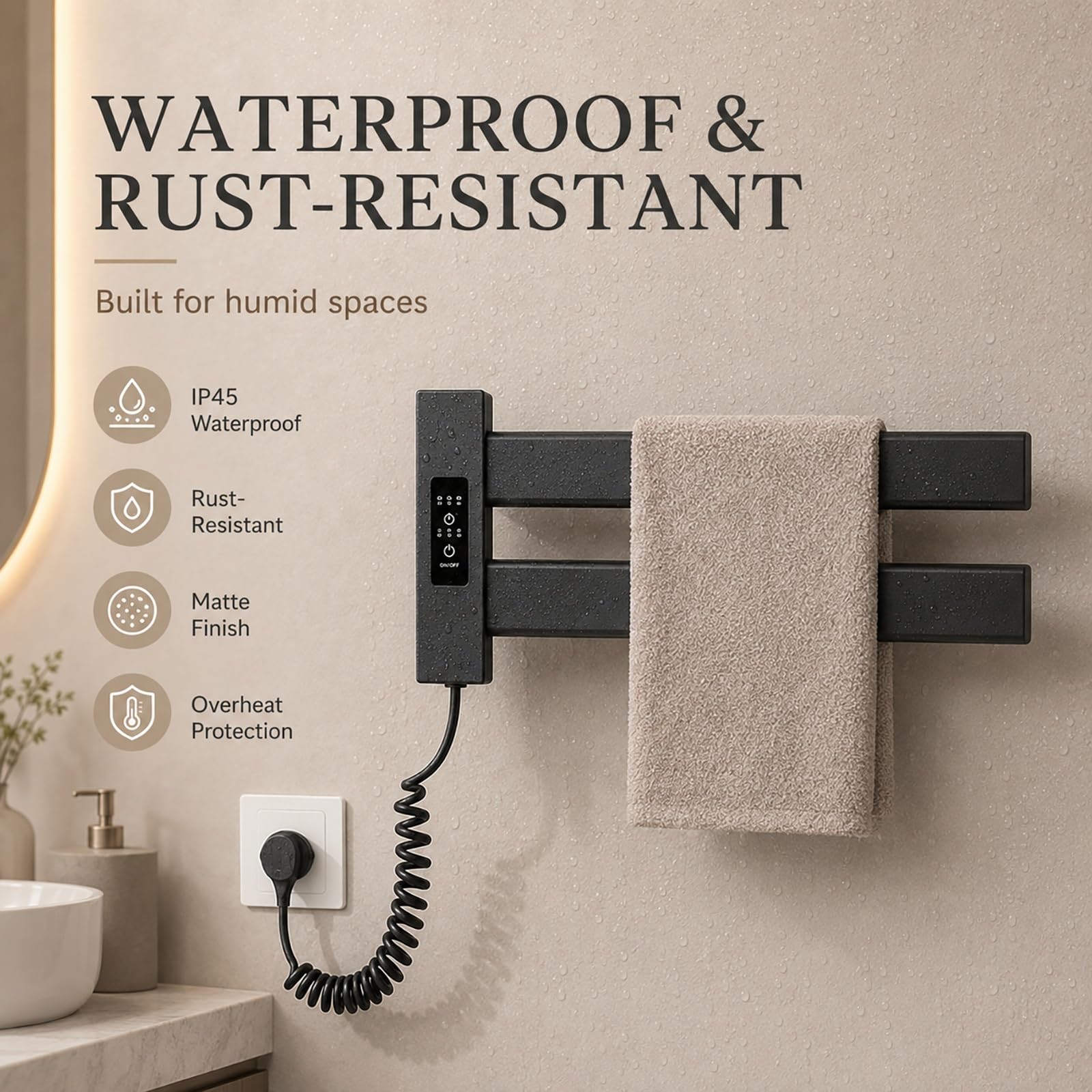 Genérico Toallero Eléctrico de Tubo, Radiador de Pared de Bajo Consumo for Baño, Calentador de Toallas Térmico con Temporizador Integrado y Panel Calefactor Eficiente(Right,Negro)