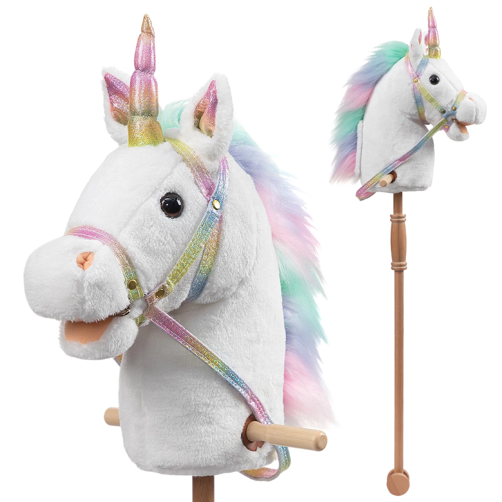 HollyHOME Cavallo a bastone con ruote in legno, vero pony che si avvicina e galoppa, unicorno hobby cavallo con briglia arcobaleno glitterato, bianco 91,2 cm (batterie AA richieste)