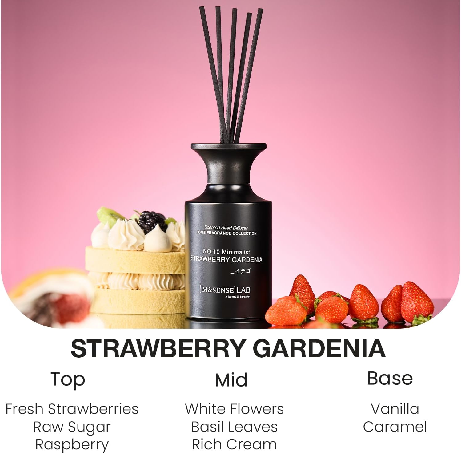 M&SENSE Reed Diffuser Set, 10.14 fl oz Large Reed Diffuser, Strawberry Gardenia Scented with Natural Essential Oils, Long Lasting with 7 Sticks, Non-Toxic Home Fragrance Reed Diffuser for Bedroom - Image 2