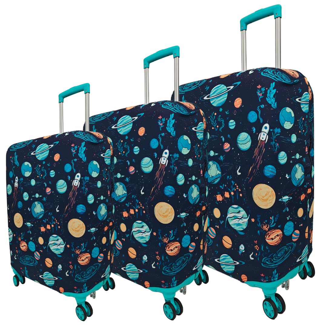 Printed Luggage Cover for Suitcase Stretchable Scratchproof Trolley Bag Protector with Velcro Lock Washable Travel Cover (Only Cover in Product)-Space Rocket_Dark BLUE-3-Size Combo-image-42