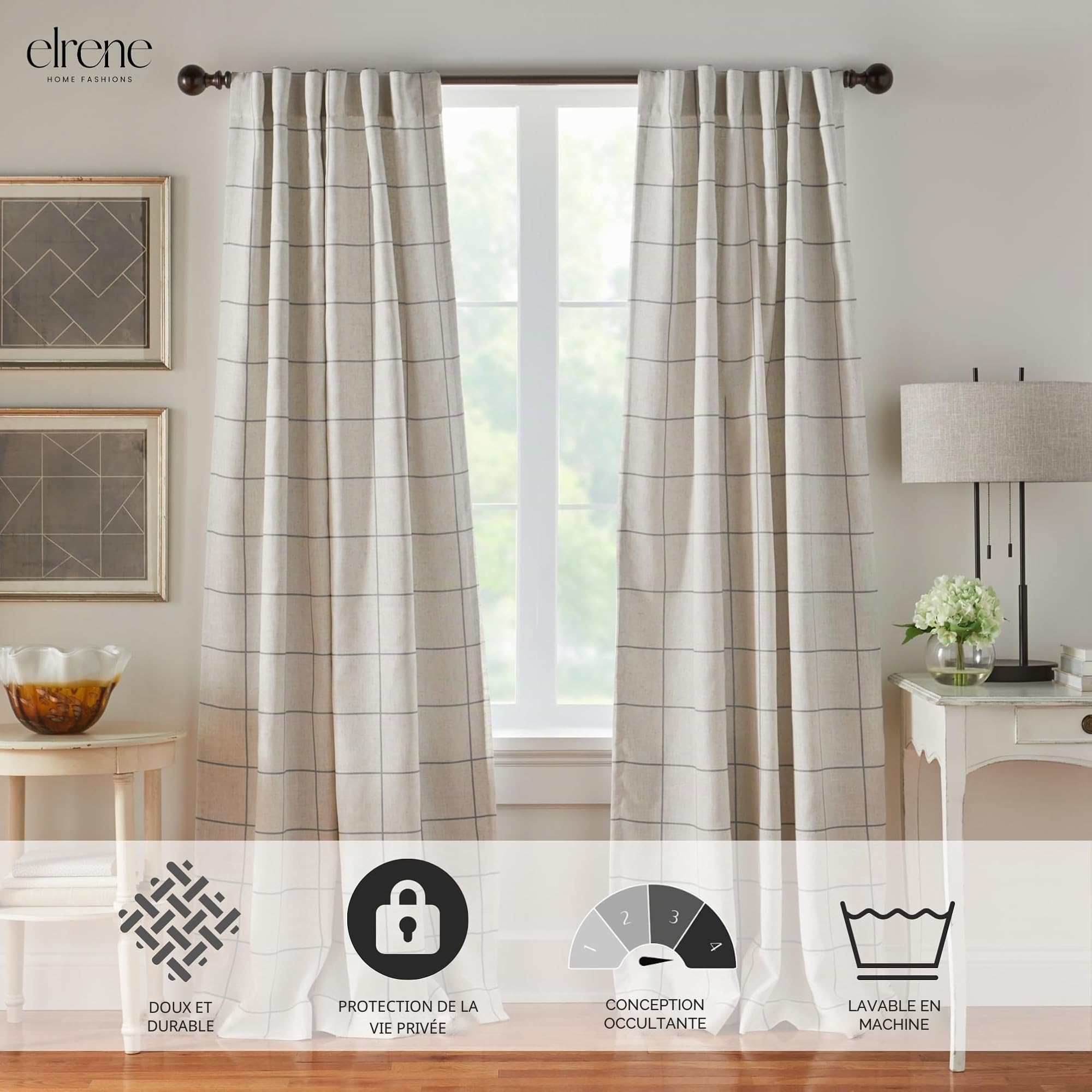 Elrene Home Fashions Rideau de fenêtre occultant à Carreaux pour Salon, Chambre à Coucher, Salle à Manger, Lin, Gris, 132,1 x 241,3 cm (l x L)