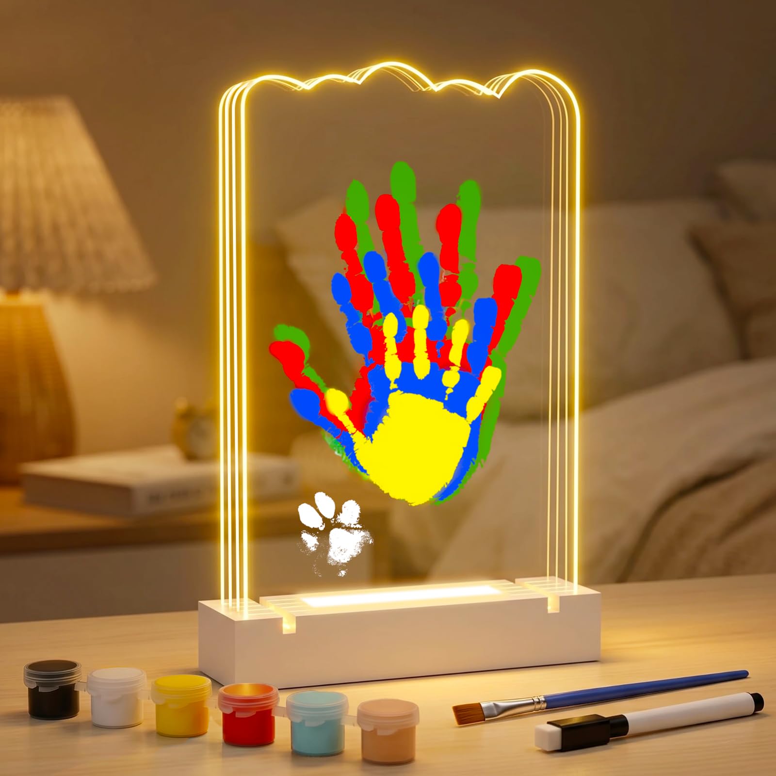 Family Handprint Kit, 4 Clear Acrylic Boards with LED, Diy Handprintphoto Frame Kit, Perfect for New Parents, Grandparents, Couples as a Family Keepsake, AAA Batteries (Not Included).