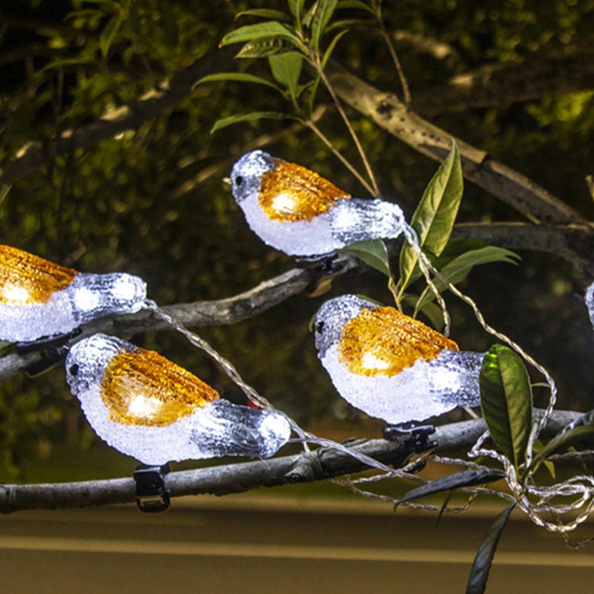 VALICLUD Solar-Powered LED Robin String Lights with 5 White and Yellow Bird Clips for Garden Patio Outdoor Decoration