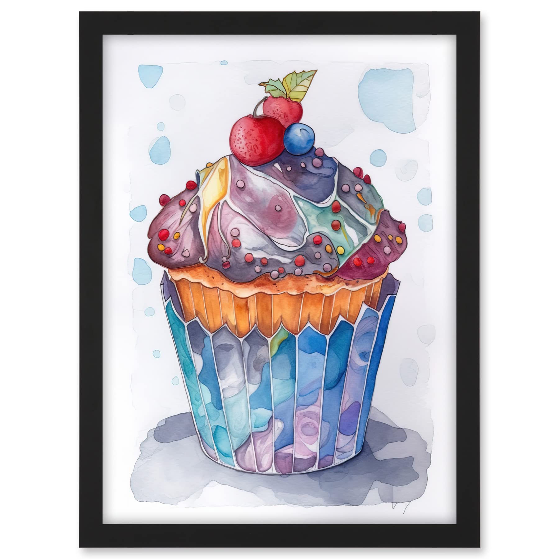 Artery8 Cupcake Icing With Fruit Folk Art Watercolour Painting Artwork Framed A3 Wall Art Print