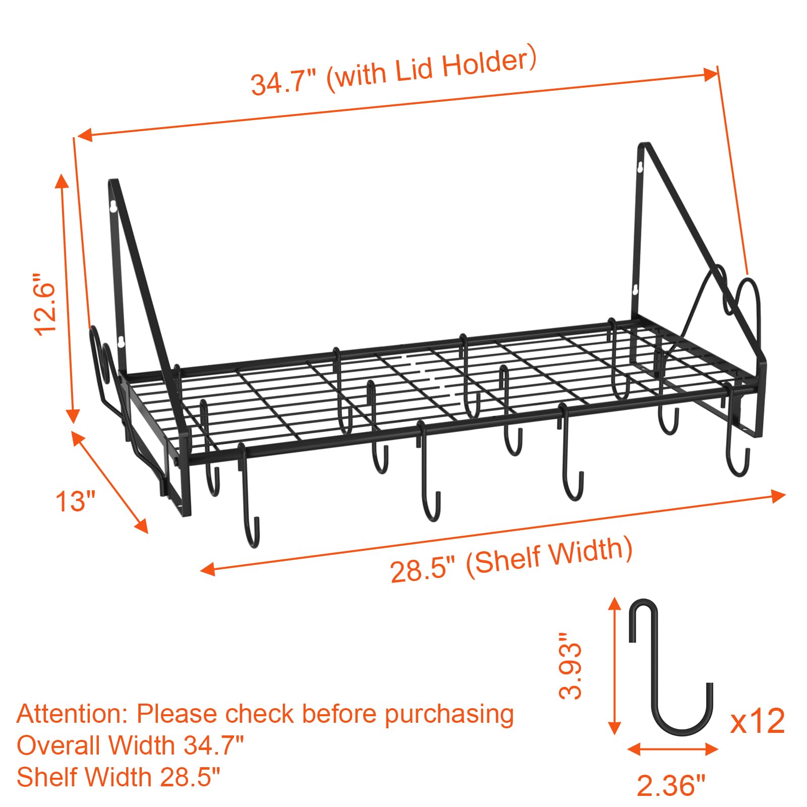 VyGrow Étagère murale à suspendre pour casseroles et poêles avec 12 crochets et 2 supports pour couvercles de casseroles, en acier robuste, pour ustensiles de cuisine, ustensiles de cuisine