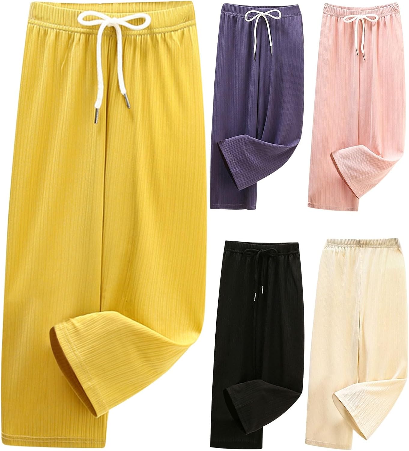Girls Wide Leg Pants Drawstring Baggy Jogger Trousers Relaxed Fit Ribbed Knit Pants Elastic Waist Flowy Palazzo Trousers
