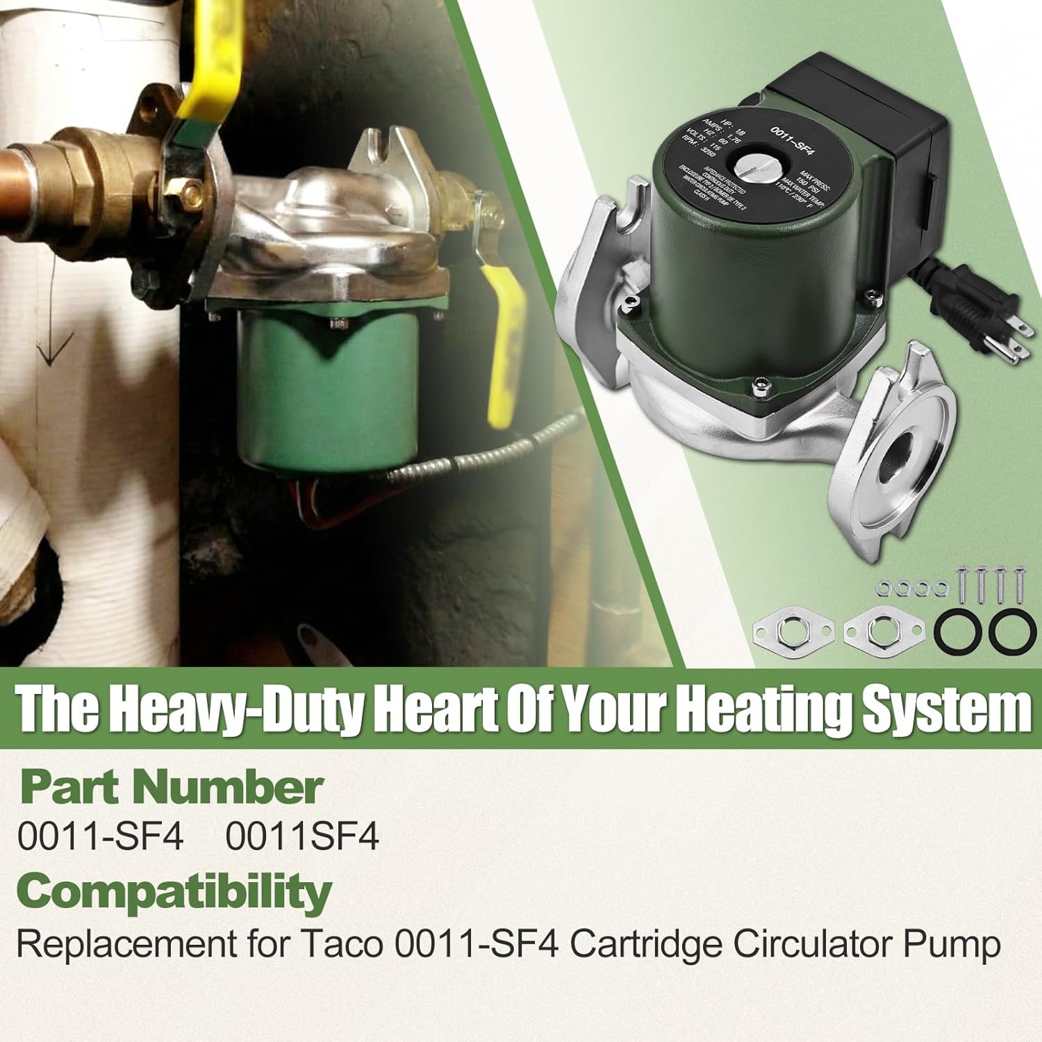 0011-SF4 1/8HP 115V Cartridge Circulator Pump Replacement for Taco 0011-SF4 Single Phase Stainless Steel Water Circulating Pump with Flange Gaskets for 30GPM 150PSI 60Hz 3250RPM