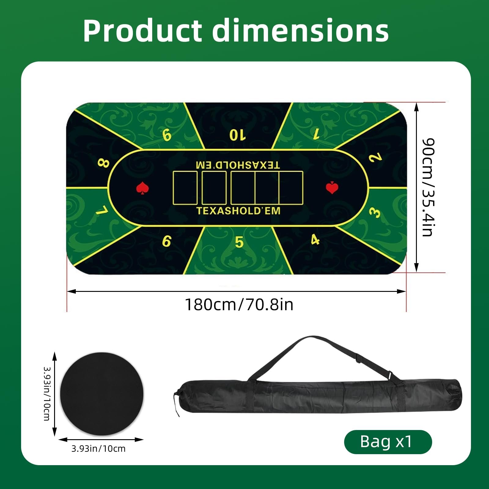 Texas Hold'em Tapis de poker 180 x 90 cm, imperméable, pour jusqu'à 10 joueurs, avec sac de transport et 8 sous-verres, idéal pour les jeux à domicile et les fêtes, tissu anti-boulochage, insonorisé