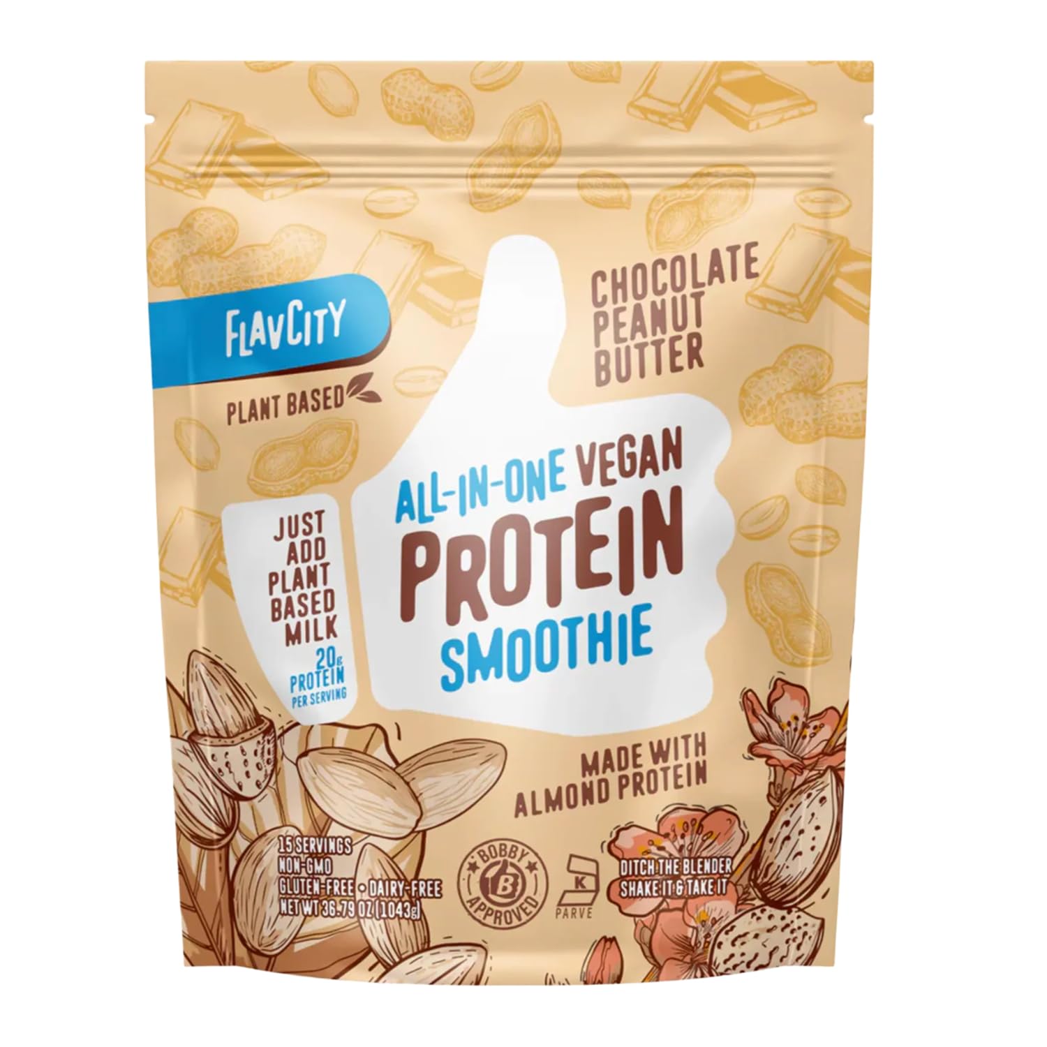 Vegan Protein Powder - Chocolate Peanut Butter - 20g Almond, Plant Based Protein Powder - Dairy-Free Shake - With Organic Fruit, Reishi & Cordecyps Mushrooms - No Blender Needed (15 Servings)