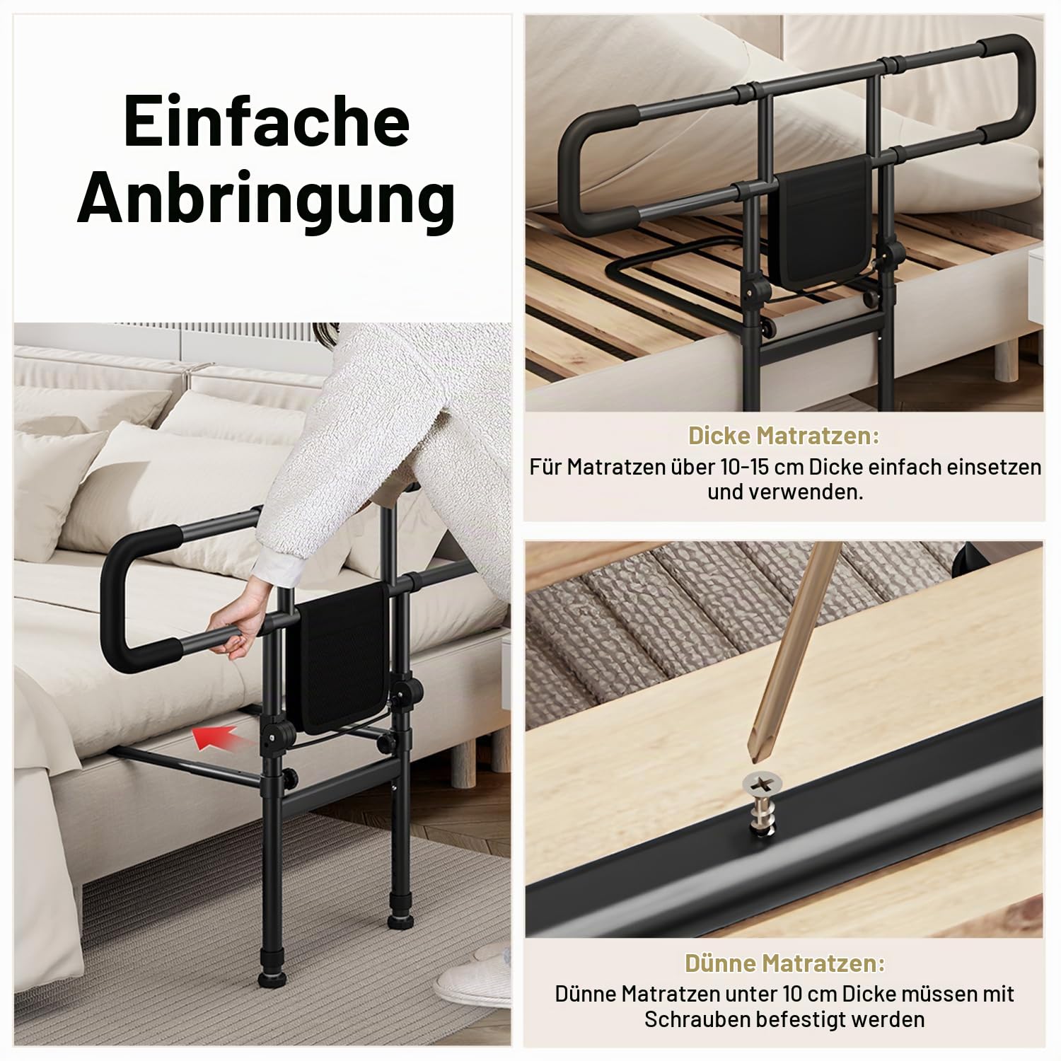 Faltbare Bettschienen für Senioren Schwangere mit Ausziehbaren Bett-Gitterschienen, Höhen 79-97 cm Breiten 83-109 cm Aufbewahrungstasche und Sicherheitsgurt