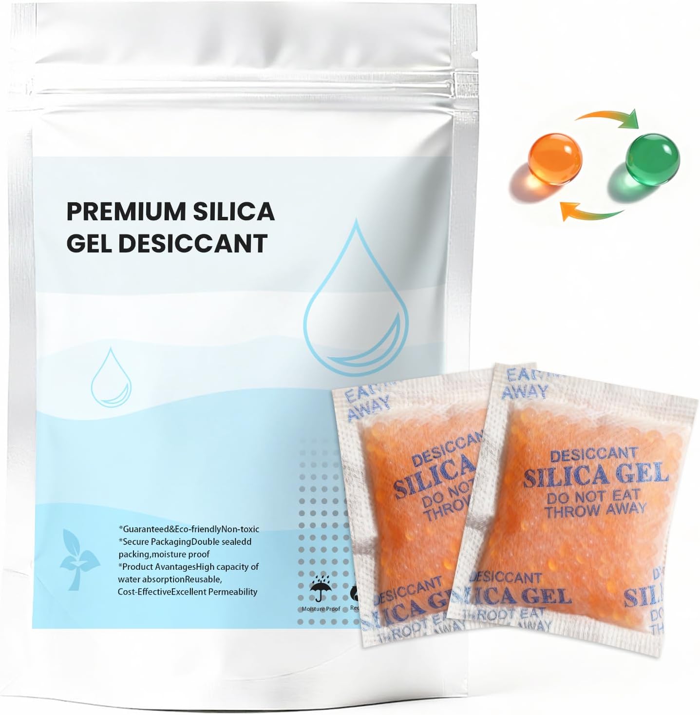 Color-Indicating Silica Gel Packets, 5g (50 Pack), Food-Grade Reusable Desiccant Moisture Absorbers for Food Storage, Closets, Electronics