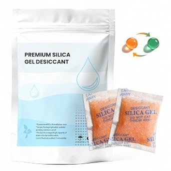 Vrurc Color-Indicating Silica Gel Desiccant Packets 5 Gram 55 Pack Food-Grade Premium Moisture Absorber, Re-Activatable Desiccant for Food Storage, Seeds, Electronics, and 3D Printing Supplies