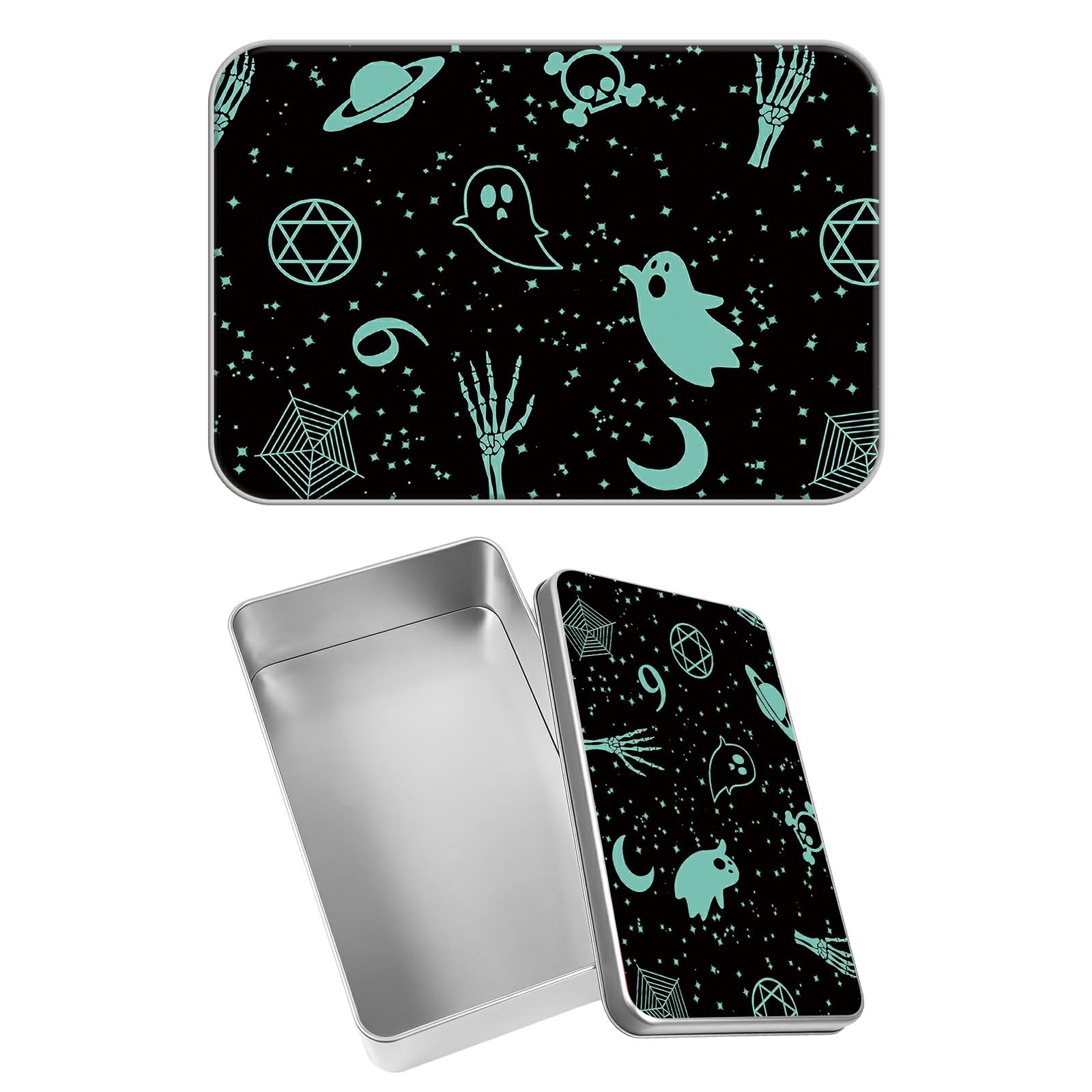 Rectangular Metal Tin Box with Removable Lid, Skull Moon Gothic Decorative Printed Metal Storage Container for Sweets Jewelry Tea Candies Cakes 7 x 4.33 x 2.17 inch– Single Pack