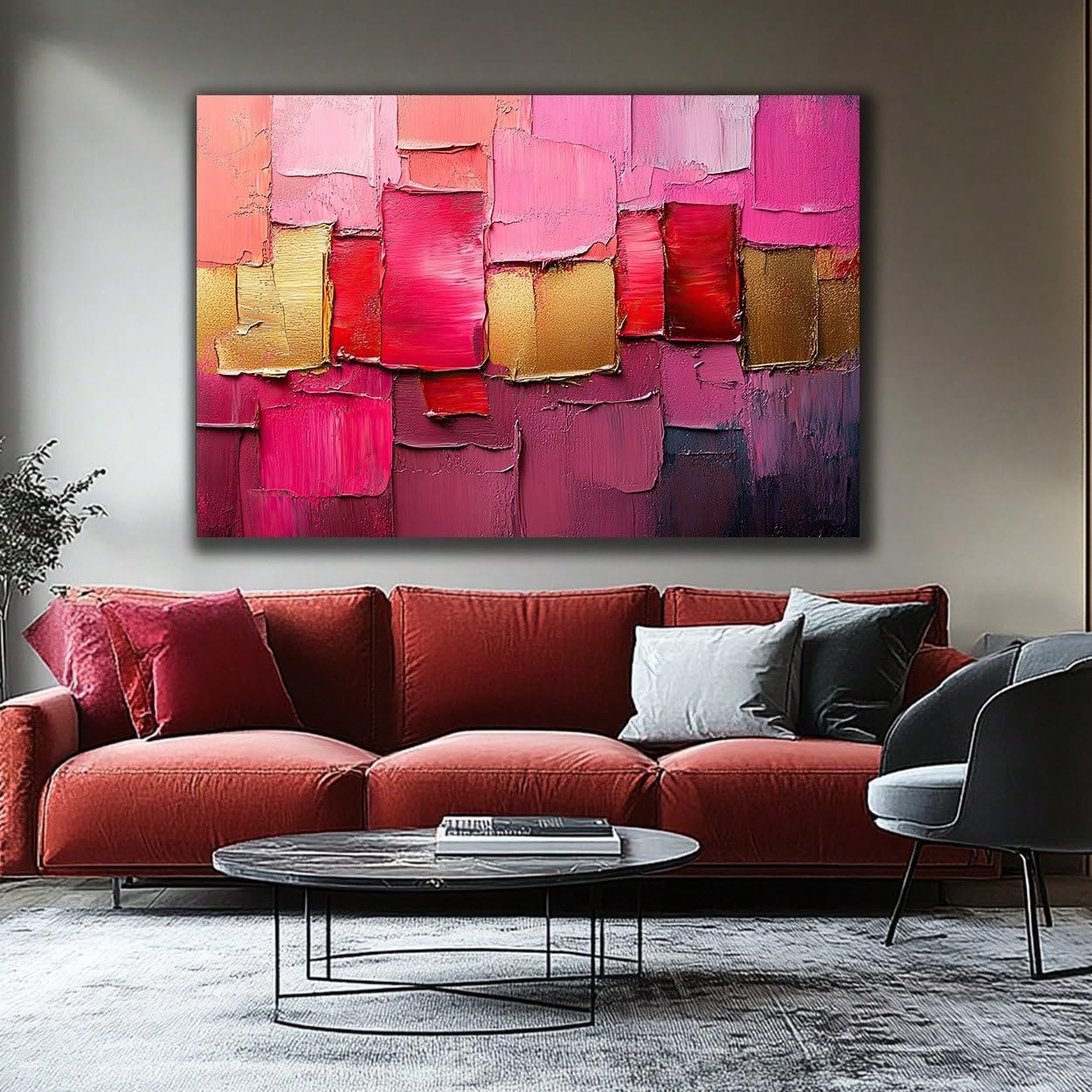 Tableau abstrait déco murale géométrique rouge rose doré 50x70cm