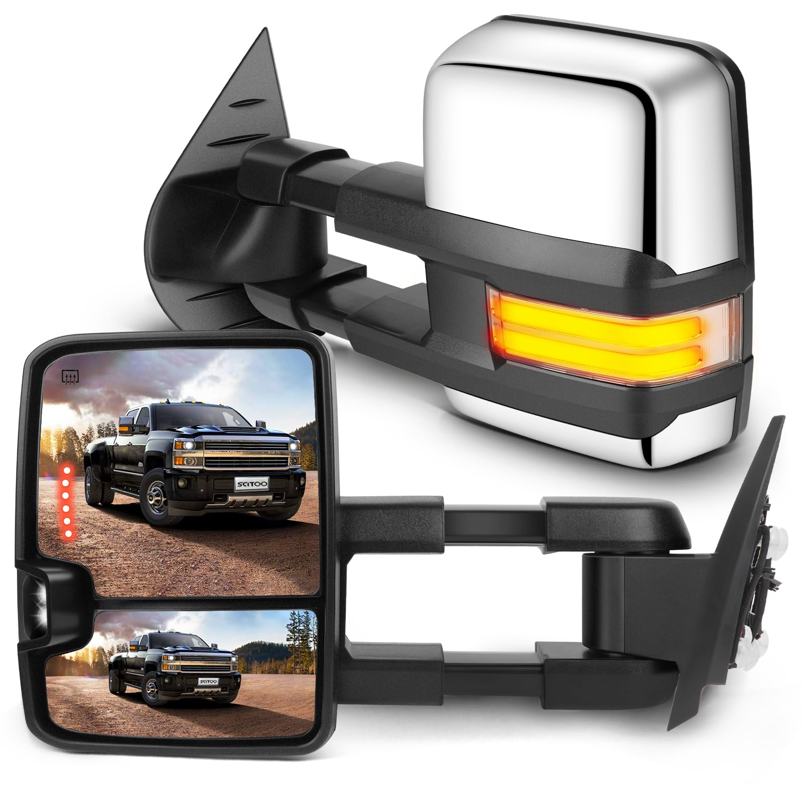 SCITOO Towing Mirrors Compatible With 2008-2013 For Chevy Silverado For GMC Sierra All Models A Pair(Left Right Side) With Power Adjusted Heated LED Turn Signal Running Clearance Light Chrome Housing