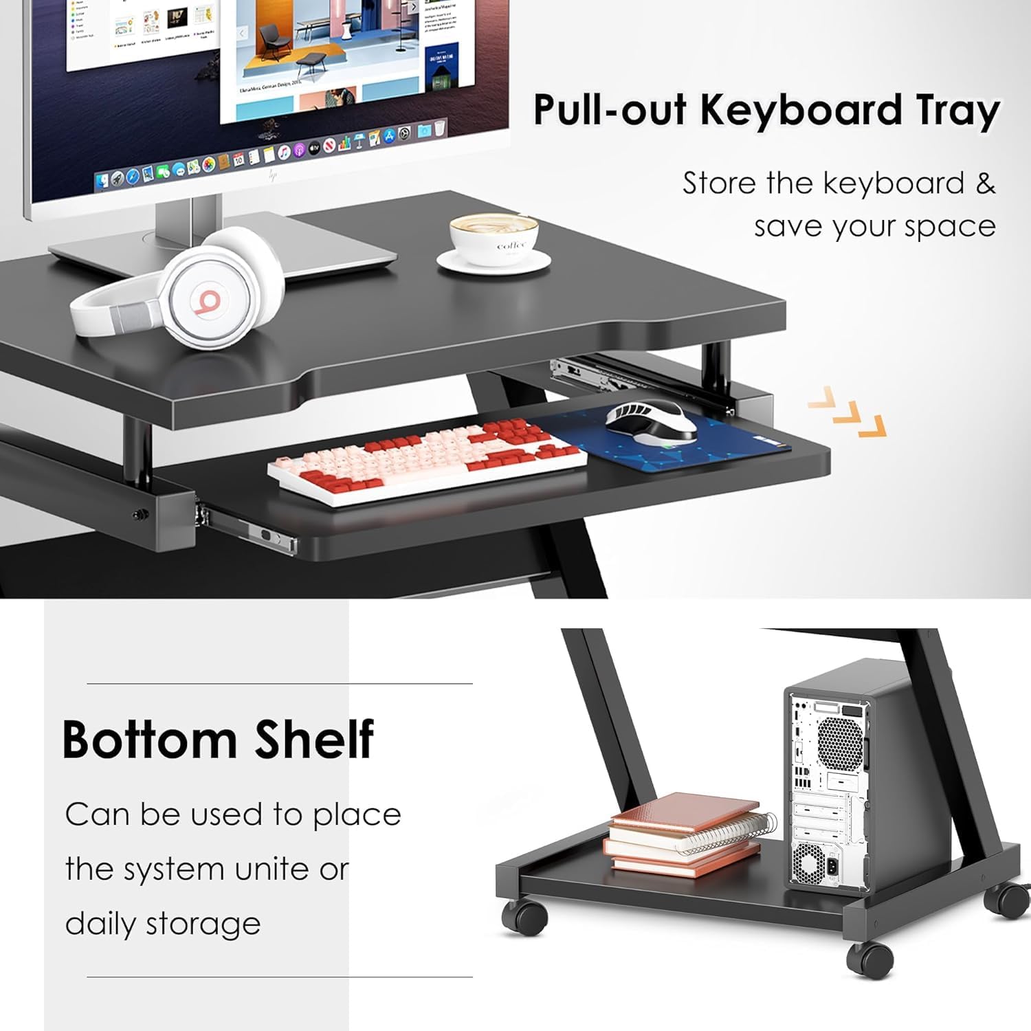 sogesfurniture Mobile Compact Computer Desk Cart for Small Spaces, Portable Computer Desk, Small Rolling Work Workstation for Home and Office with Printer Shelf, Keyboard Drawers,Black