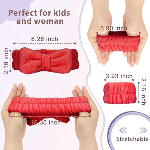 Miniatura 2 de Crosize Juego de 7 diademas y pulseras para el cuidado de la piel de spa, color rojo, microfibra, para maquillaje, lavado facial, máscara, Rojo