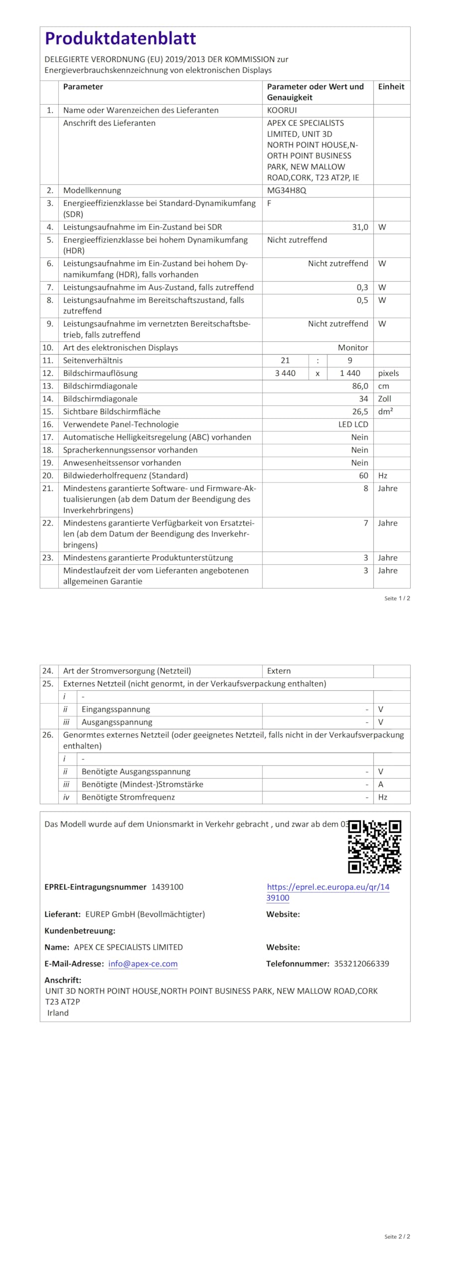 KOORUI 34 Cale Szeroki Krzywy Gamingowy Monitor 1000R 180Hz 1ms MPRT, Panel VA WQHD 3440x1440, HDR400 99% sRGB 90% DCI-P3, Zgodny z FreeSync/G-Sync, 2xHDMI 2.0/DP 1.4, PIP/PBP,15 Językach