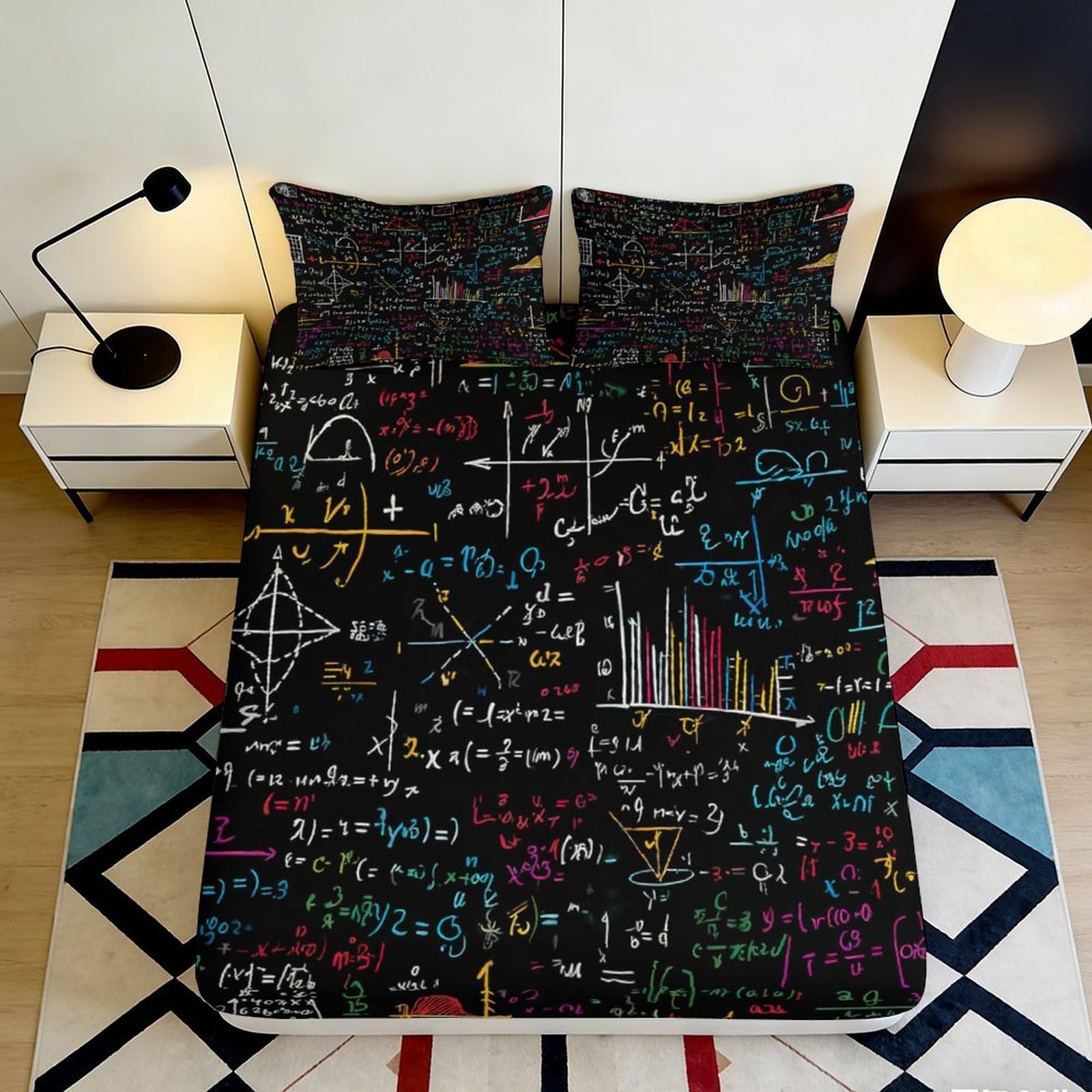 3D Printed Mathematical Formula Fitted Sheet Microfiber Soft Graph Paper Bed Cover Anti-Slip Machine Washable for Bedroom Dorm Decor 90x200x25cm